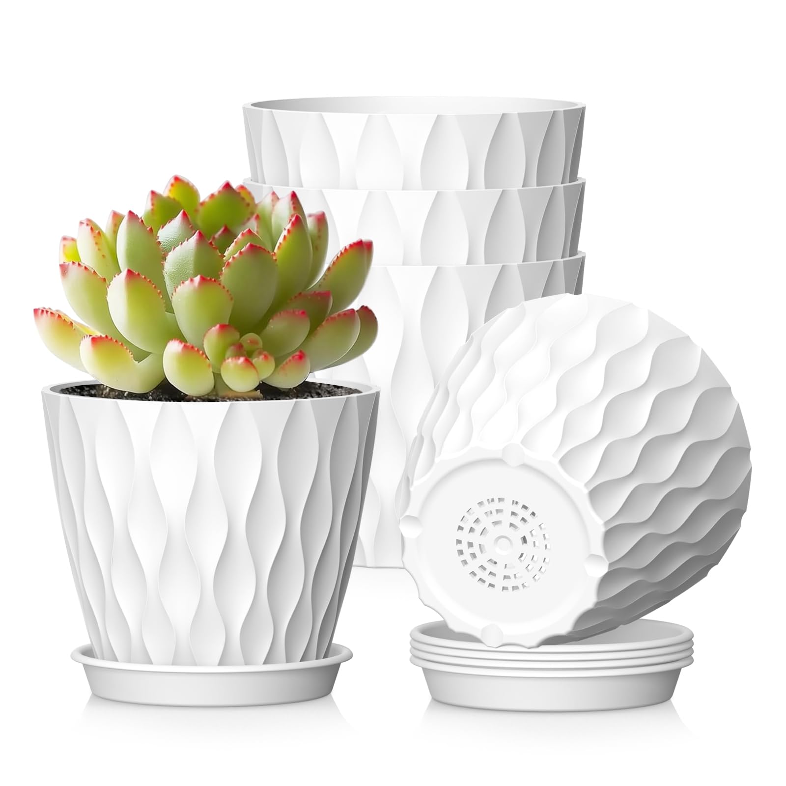 12.7 cm Indoor Plant Pot, 5 Pack Thick Plastic Flower Pots with Drainage Holes & Saucers, 3D Modern Wave Texture, Decorative Nursery Pots for Succulent, Cactus, Mint & Small House Plants, Black — view 26