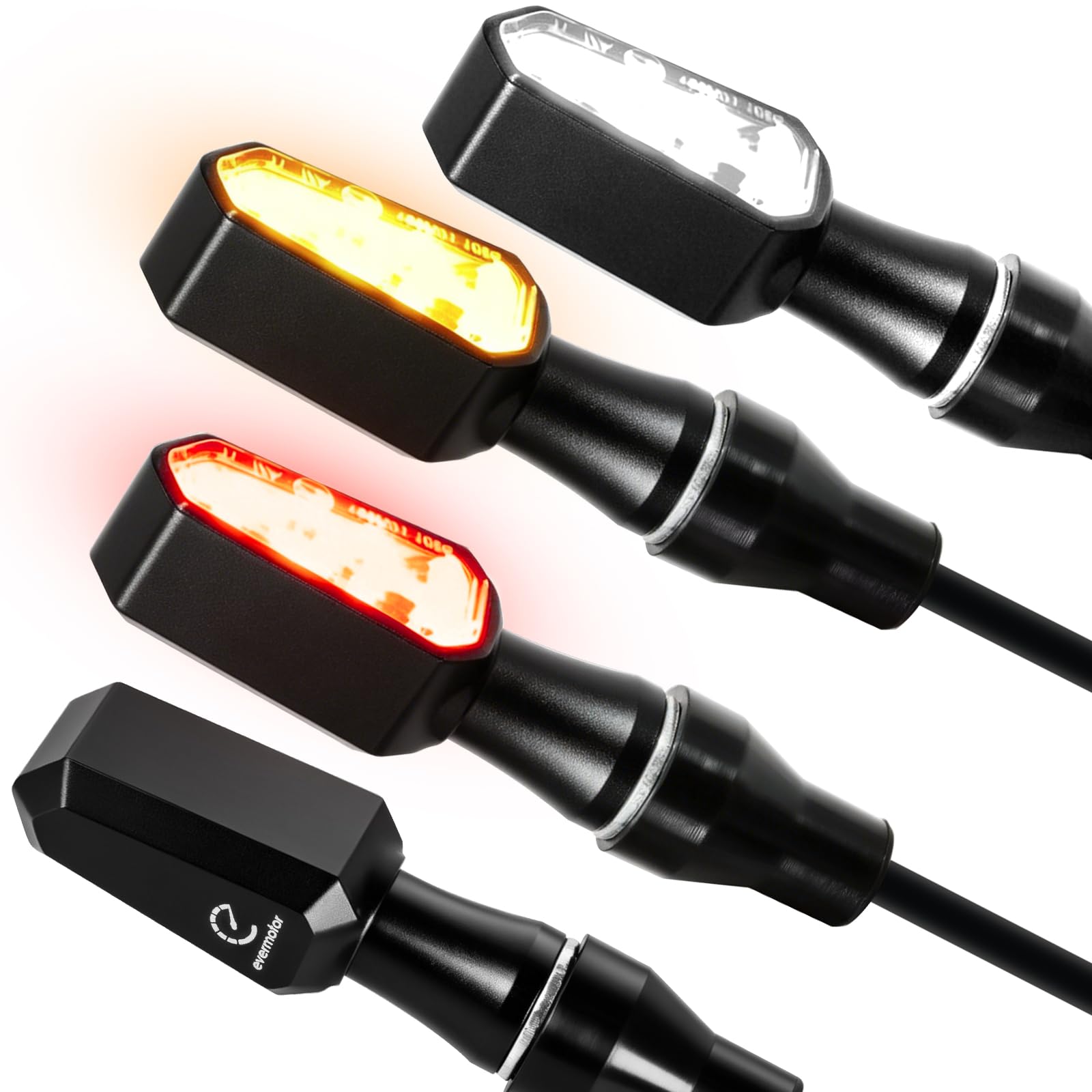 evermotor Mini 3-Perlen-Design LED Blinker Motorrad E-geprüft,CNC Aluminium Gehäuse,12V 4 Stück, mit Positionslicht,Universal für E-Bike/Scooter,2x Amber & Weiß,2x Amber & Rot