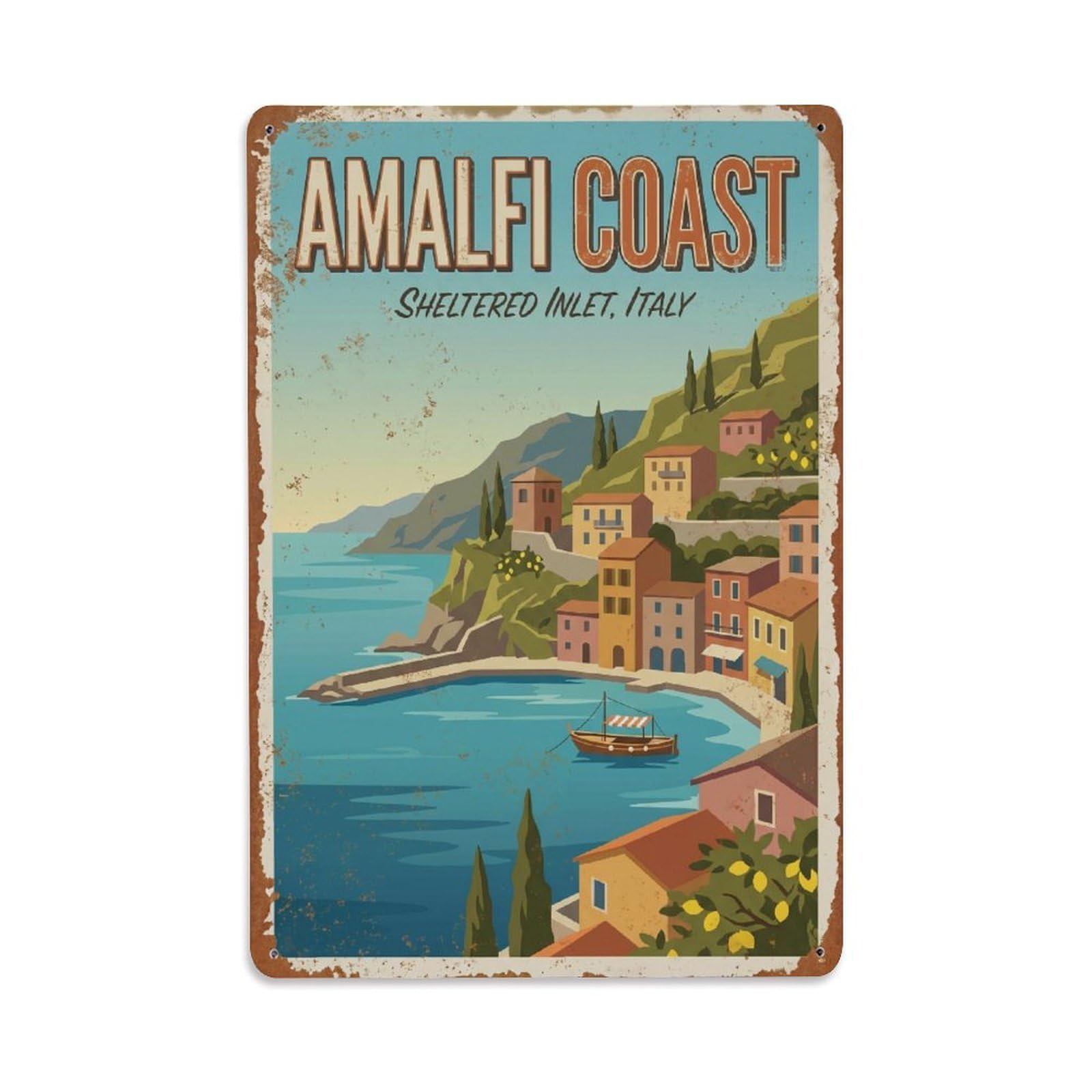 Vintage Travel Inlet Italy Sheltered Metal Tin Sign