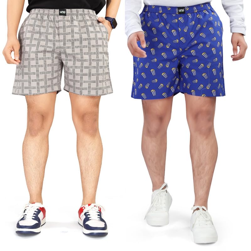 Image of UNOseven Shorts for Boys - 100% Cotton Printed with Side Pockets - Pack of 2 - Available from Size 7 Years to XL