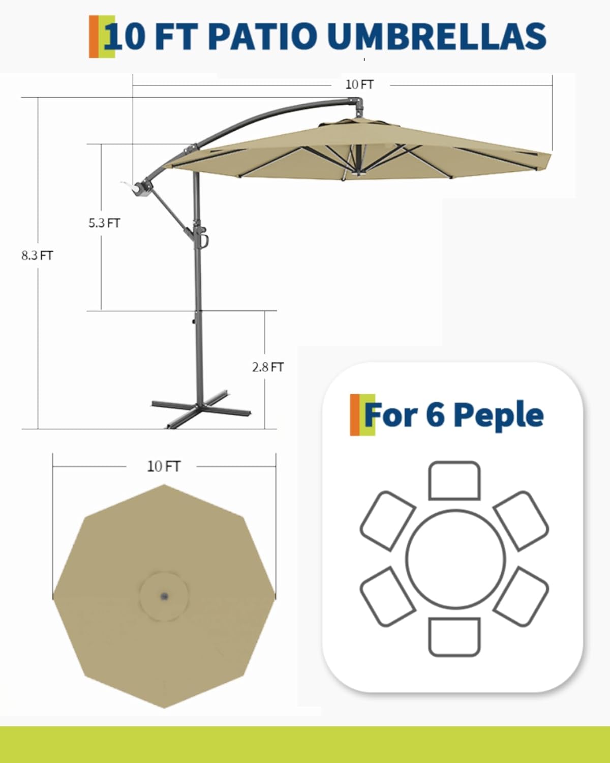 GarveeLife 10ft Outdoor Offset Patio Umbrella, UPF 50+ Sun Protection, Easy Tilt Cantilever Umbrella with 8 Sturdy Ribs & Durable Fabric for Deck, Poolside, Backyard, Garden