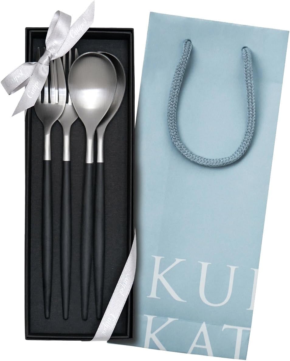 Cutipol MIO Black/Matte Silver Dinner (2 Forks and Spoons) 4 Piece Gift Set with Gift Box with Genuine Ribbon Hanging Handbag, Wedding Gift, Gift