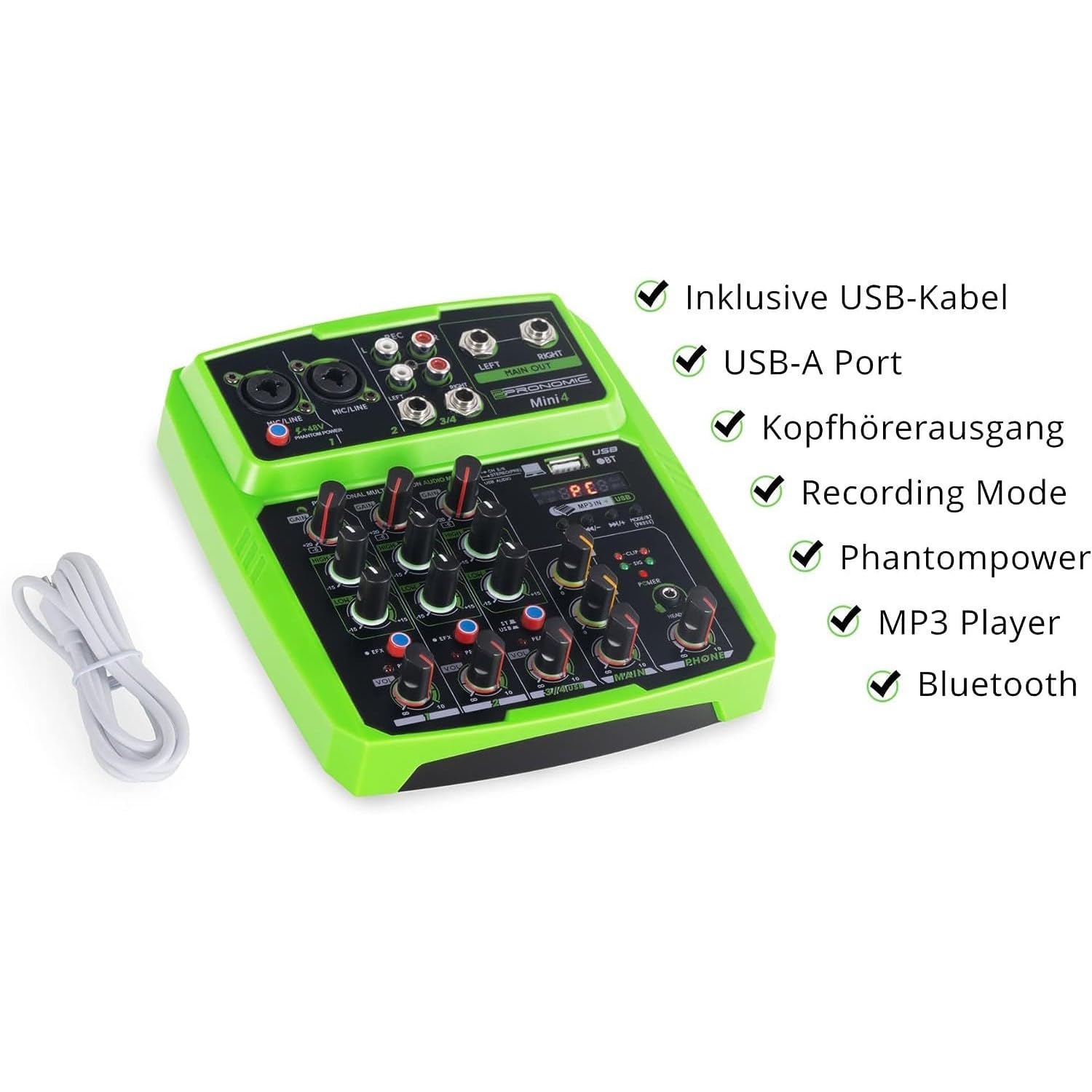 Sound-Set mit 2 Lautsprechern BMS08 Verstärker DJ Pro 1000 W Mischpult MINI4, Lichtspiel Kugel LED RGB