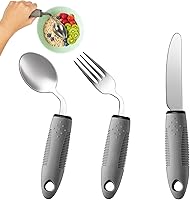 Vista 12 de Juego de utensilios adaptativos de 3 piezas, utensilios de Parkinson en ángulo de 42°, utensilios con peso de 2.5 onzas para pacientes con temblores
