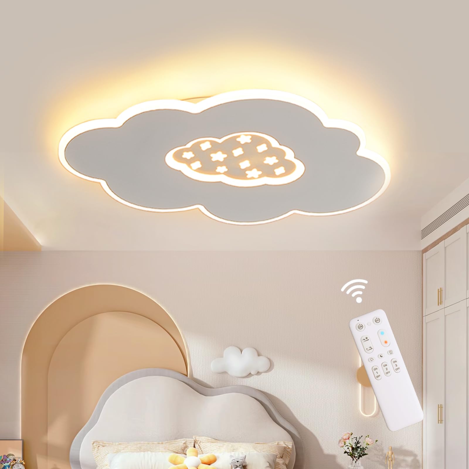 Lámpara de techo, 24W 40CM Lampara infantil Techo Plafon Nubes LED Techo 3000K-6000K Regulable con Control Remoto Lámpara LED de Nubes para habitacion, Dormitorio, Estar Pasillo y Salón