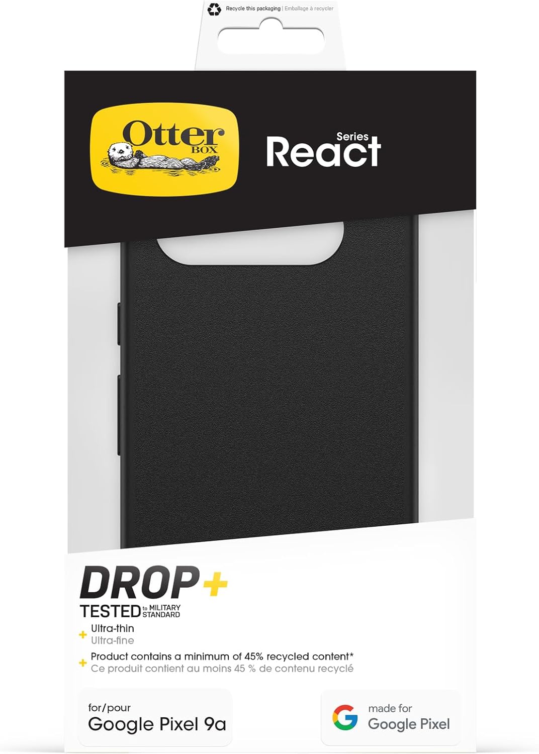OtterBox Google Pixel 9a React Series Case - Black, Ultra-Thin, Pocket-Friendly, Raised Edges Protect Camera & Screen, Wireless Charging Compatible