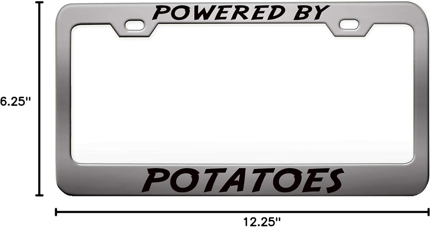 Powered by Potatoes Chrome Steel Metal License Plate Frame Auto Car SUV Tag Holder, R47