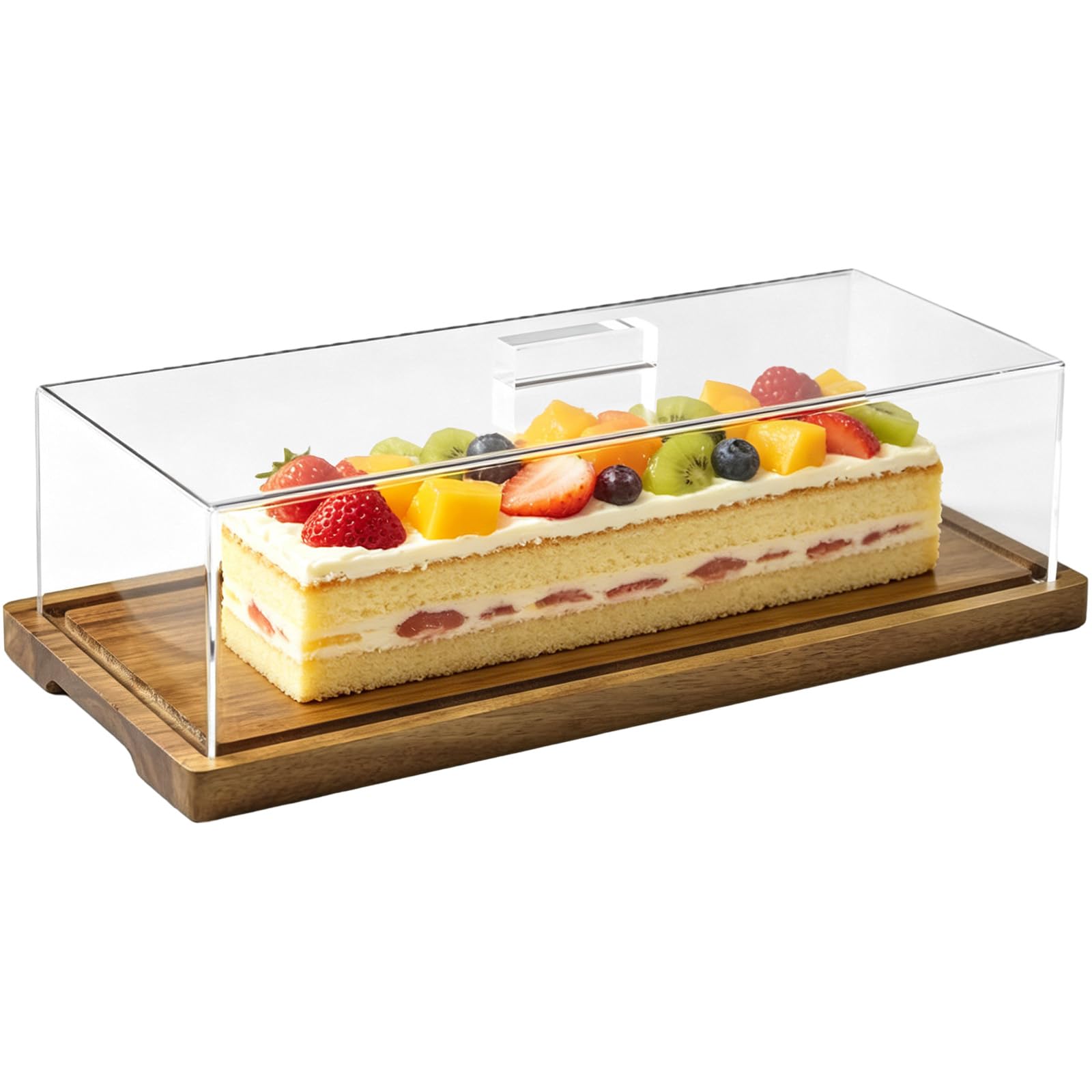COSYOO Wood Cake Stand with Clear Acrylic Lid, Modern Rectangular Dessert Display Case with Portable Handle, 15 x 5.9 x 3.5 in for Wedding Party Bakery Bread Pastry Candy Fruit Showcase