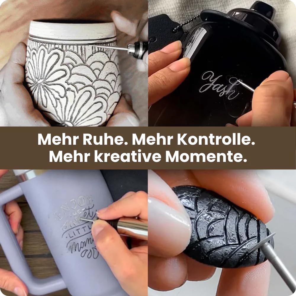 WerkStift PRO Ultimativer kabelloser tragbarer Gravierstift für Künstler, Heimwerker - über 50 Oberflächen gravierbar, anfängerfreundlich, wiederaufladbar, 30 Bits inklusive