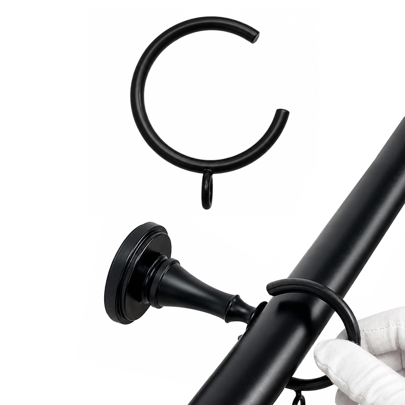 C-förmige Vorhangringe, 20 schwarze Metallringe für Gardinenstange, 45 mm Innendurchmesser, 27,5 mm Öffnung, passend für 29–34 mm Stangen