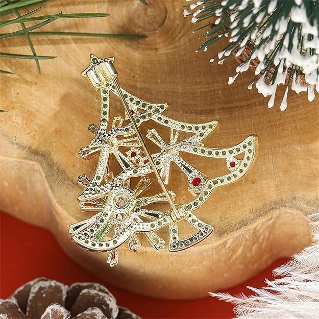 Image of Christmas Brooch Pins Crystal Christmas Tree Snowflake Jingle Bell Reindeer Enamel Brooches Holiday Party Gift for Women