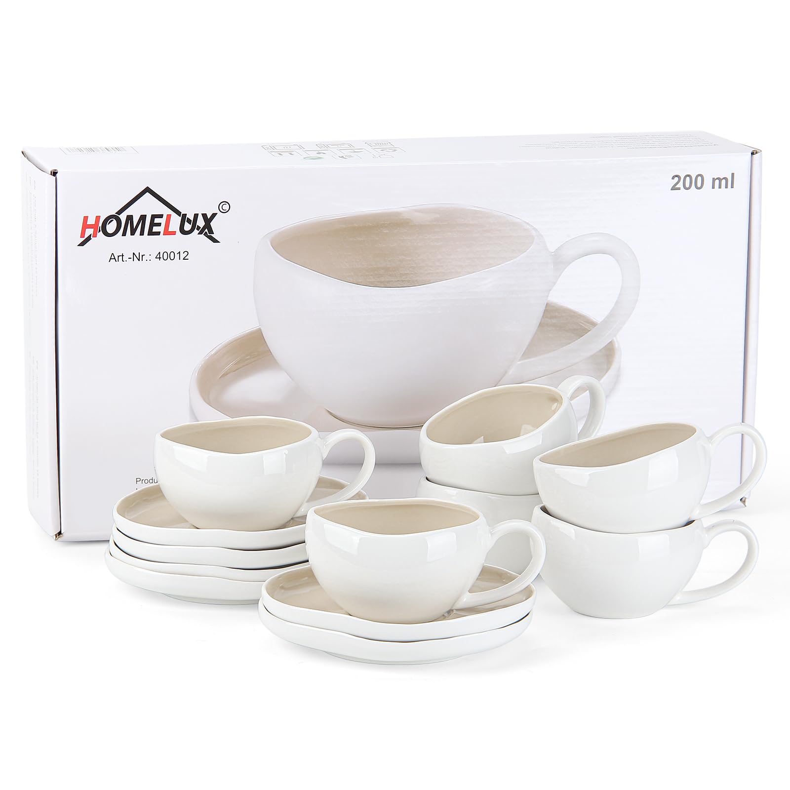 Filiżanki do cappuccino, filiżanki do kawy 200 ml, ze spodkami, serwis do kawy 6 osób, zestaw filiżanek do cappuccino, ceramiczne kubki do kawy, cappuccino, latte, americano i herbaty, jasnobeżowy