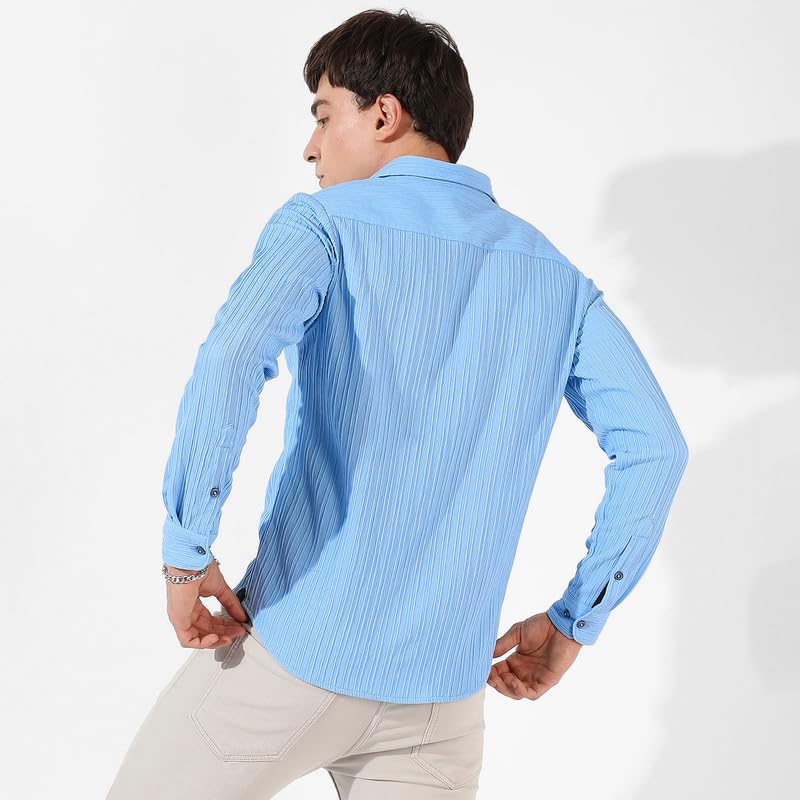 Image of CAHOOT Men's Self-Design Striped Shirt for Casual Wear | Spread Collar | Long Sleeve | Button Closure | Shirt Crafted with Comfort Fit for Everyday Wear