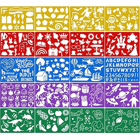 Qpout 20Pack Color Drawing Templates for Kids, Plastic Painting Letter Number Stencils for Baby Shower Birthday Halloween Christmas Dinosaur Party Bag Favor Supplies Toddlers Preschool Painting Tool Cover