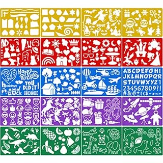 Qpout 20Pack Color Drawing Templates for Kids, Plastic Painting Letter Number Stencils for Baby Shower Birthday Halloween Christmas Dinosaur Party Bag Favor Supplies Toddlers Preschool Painting Tool