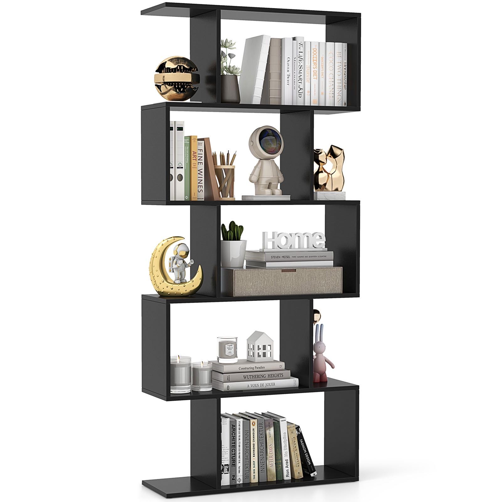 CASART 5/6 Tier Wooden Bookcase, Free Standing Shelving Stand Rack, S-Shaped Bookshelf Storage Display Unit (Black,70 x 24 x 158cm) — image 1