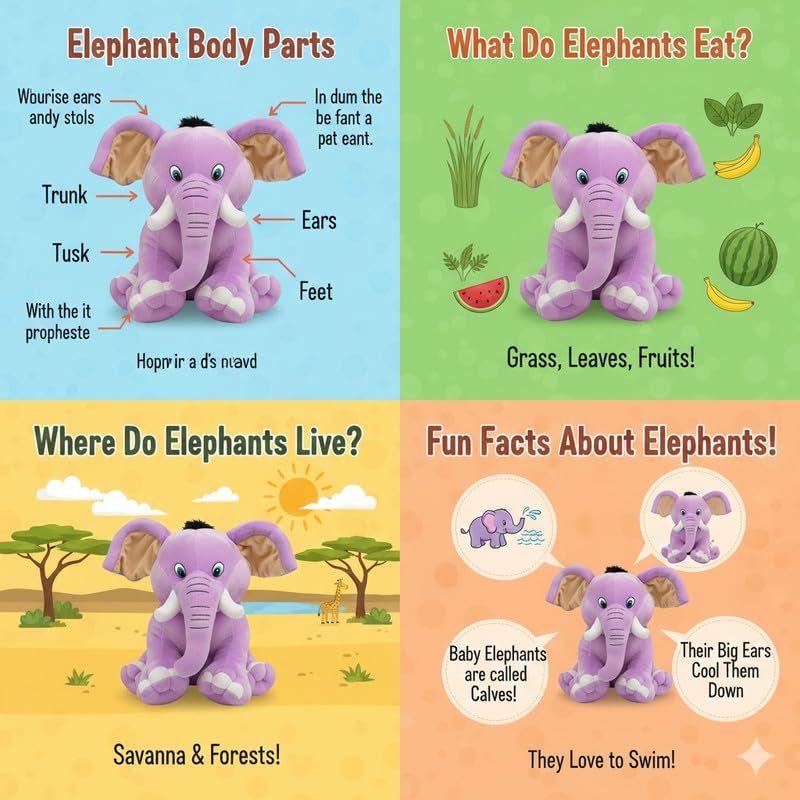 Image of Sitting Elephant Soft Toy - Purple | Super-Soft Plush Stuffed Animal for Girls Kids | Soft Stuff Toy for Kids | Ideal for Birthday Gift - 36 CM | Cute-Design & Washable