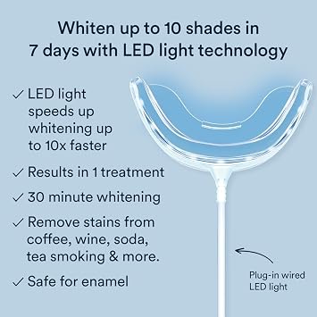 Auraglow Plug-in LED Teeth Whitening Kit Wired Light Device 35% Carbamide Peroxide Gel 12 Treatments at-Home Tooth Whitening System Enamel-Safe at-Home Whitening for Coffee & Tea Stains