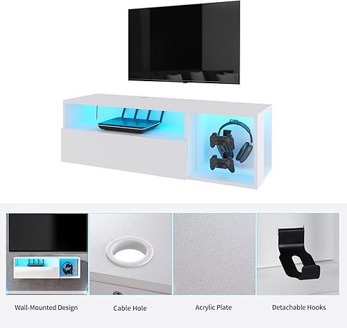 Miniatura 6 de soges Soporte de TV LED, mesa de TV blanca montada en la pared con gestión de cables, soporte de TV flotante centro de entretenimiento, gabinete de