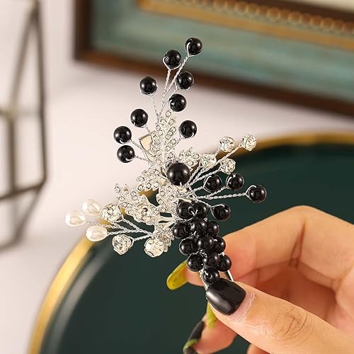Casdre Pinzas para el pelo de novia de cristal plateado, accesorios para el cabello de boda, pieza de pelo de hoja para mujeres y niñas (C negro)
