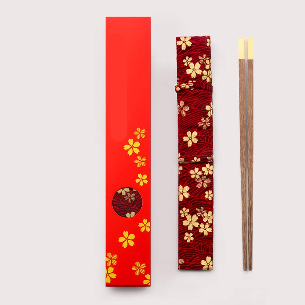 Essstäbchen im chinesischen Stil-Japanische Essstäbchen aus Holz Wiederverwendbare chinesische Essstäbchen Spülmaschinenfest 25 cm Essstäbchen aus Holz mit roter oder blauer handgefertigter Stofftas