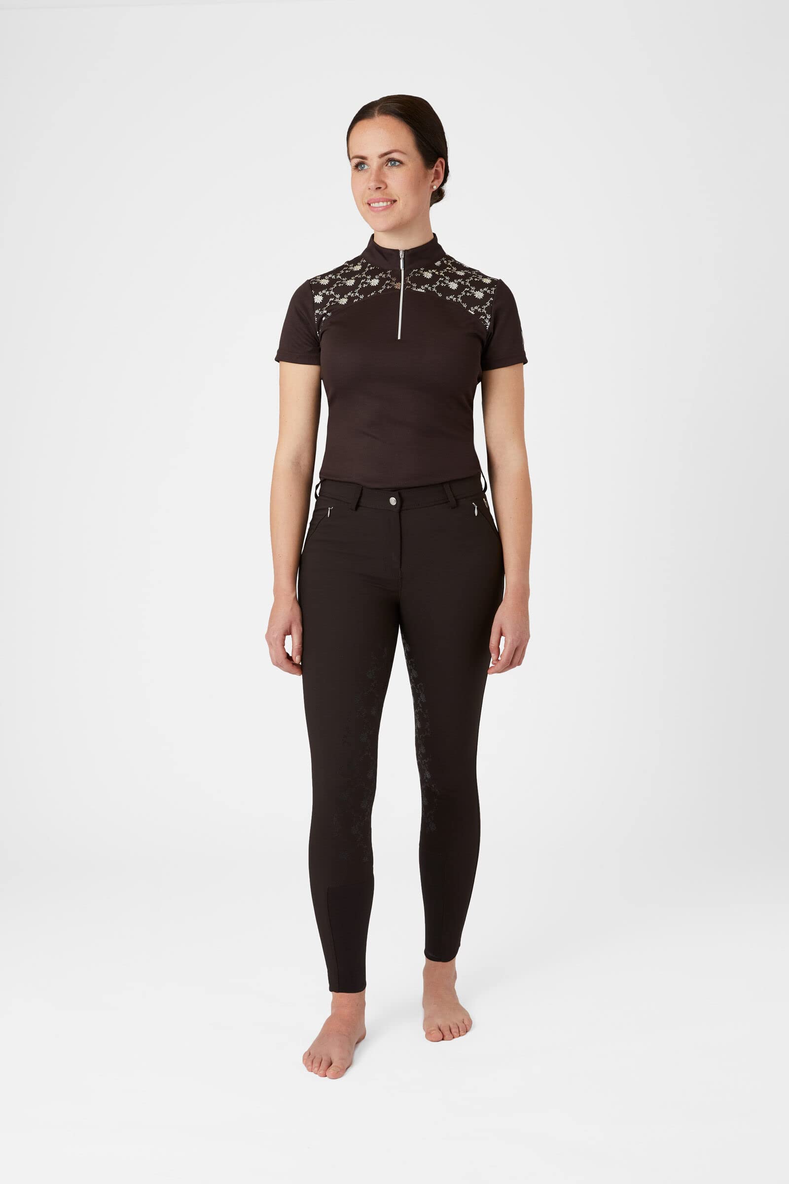 HORZE Kaitlin Women's Flower Pattern Silicone Full Seat Breeches with Phone Pocket - After Dark Brown - 22