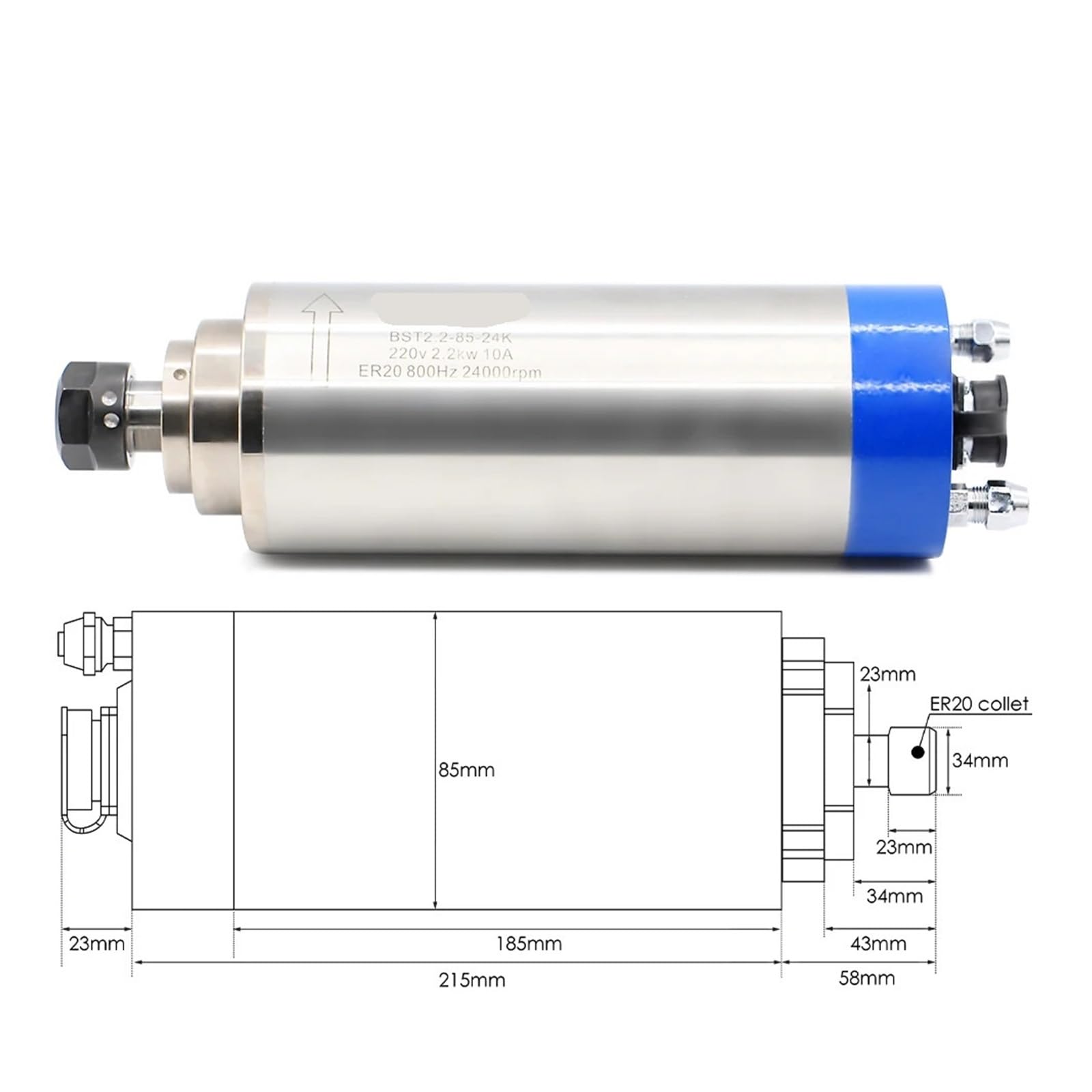 KACOME CNC Spindle Motor 2.2kw ER20 Water-Cooled Metal Spindle 800Hz Number of Poles = 4 Water-Cooled for Metal, Iron, Stainless Steel(380v)