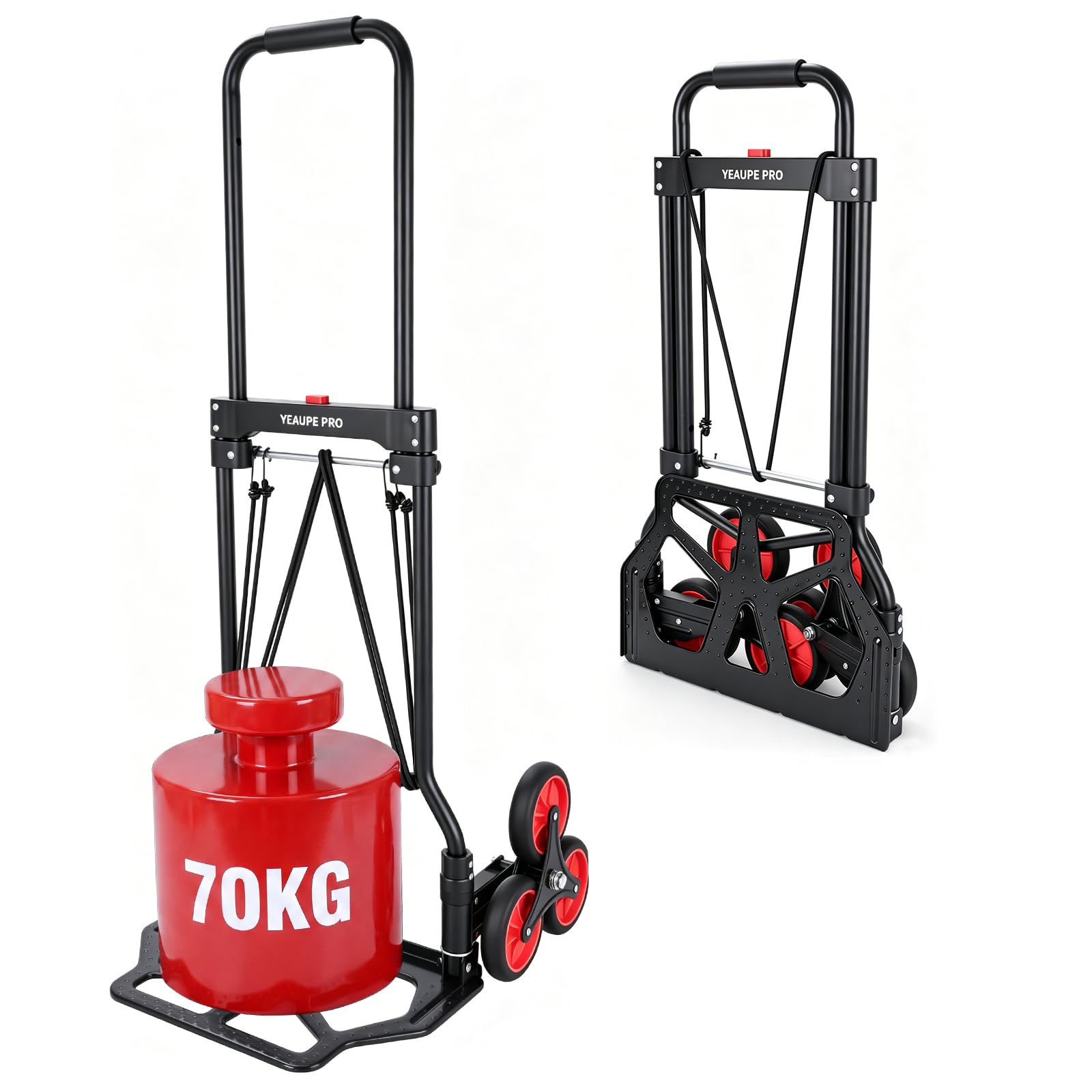 YEAUPE PRO Diable Pliable - Capacité de Charge de 70 kg - Poignée Réglable en Hauteur - avec 2 Cordes d'extension - Transport pour Monter Les escaliers - Noir - 3 Roues