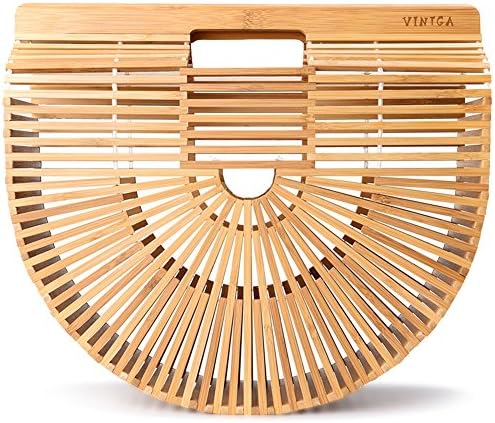 Vintga Bamboo Bags for Women Summer Straw Wooden Beach Purses Basket Handle Handbags (Small)