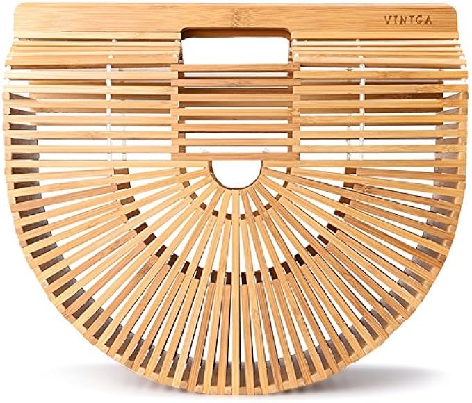 Vintga Bamboo Bags for Women Summer Straw Bags Wooden Beach Purses Basket Handle Handbags