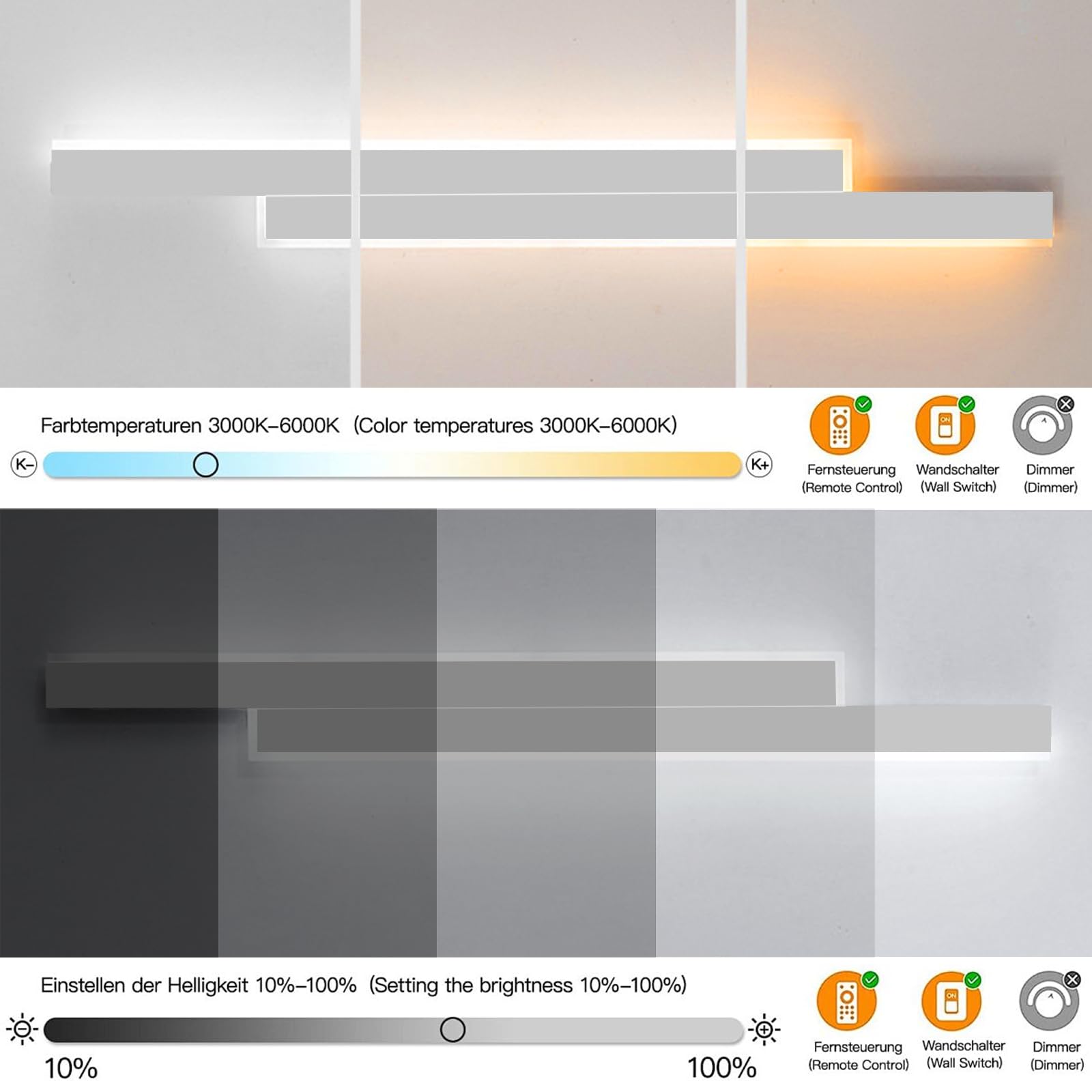 Aplique pared con Control Remoto,25W 2800LM lampara led,100CM lampara pared Regulable,3 Temperaturas De Iluminación,Aplique pared interior para Dormitorio Salón Escalera Pasillos(blanco)