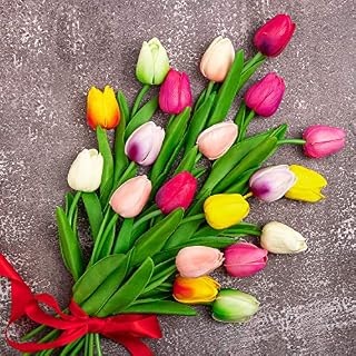 Whaline 20Pcs Multicolor Artificial Flowers Fake Tulip Bouquet Real Touch Faux Tulip Latex Material for Home Garden Wedding Party Floral Decor (10 Colors)