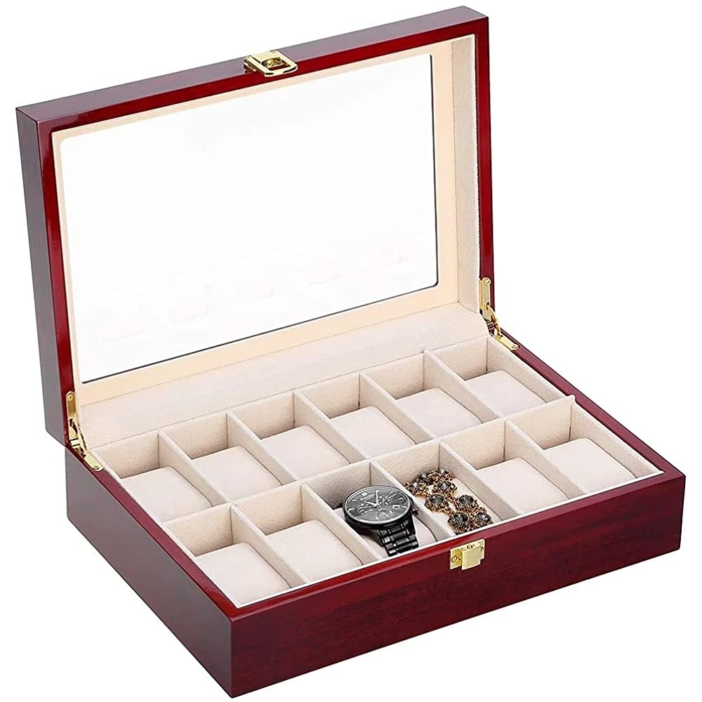 Sprzedam pudełko na zegarek Organizer na zegarki 12 kratek Drewniane etui do przechowywania zegarków Pudełko do przechowywania biżuterii Organizer na kolekcję biżuterii (Kolor: D) (E)