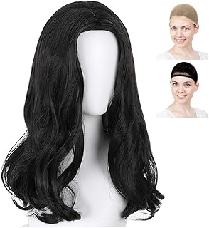 CaseEden コスプレ ウィッグ ロング ウェーブヘア 45cm 耐熱 ブラック 黒髪 ウィッグネット2個セット