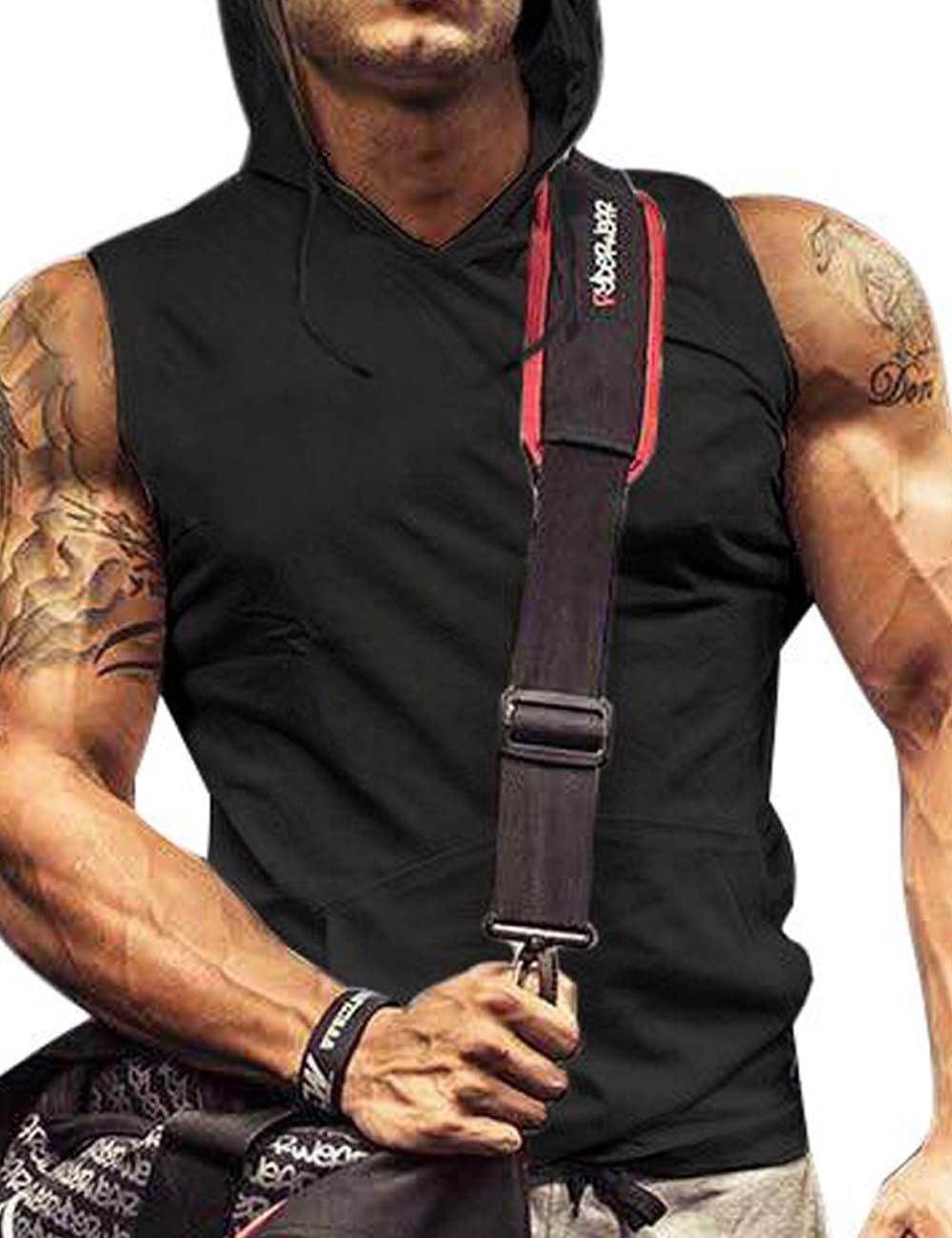 Mens Tank Top with Hood Pocket Gym Hoodie Workout Sleeveless Muscle Shirt