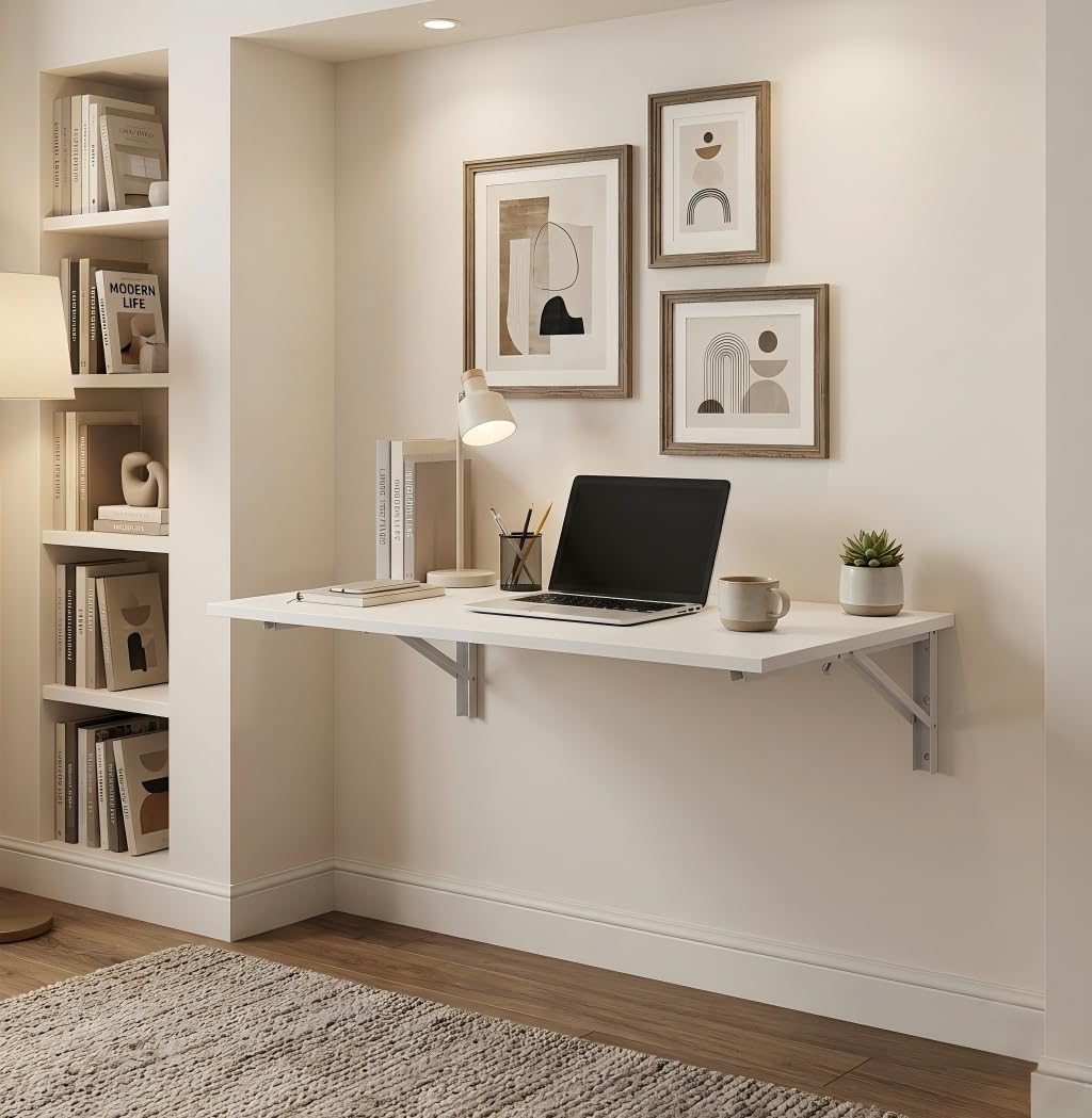 Table murale pliante 100 x 60 cm - Table murale pliable et peu encombrante - Pour bureau, cuisine, buanderie, montage mural - Blanc