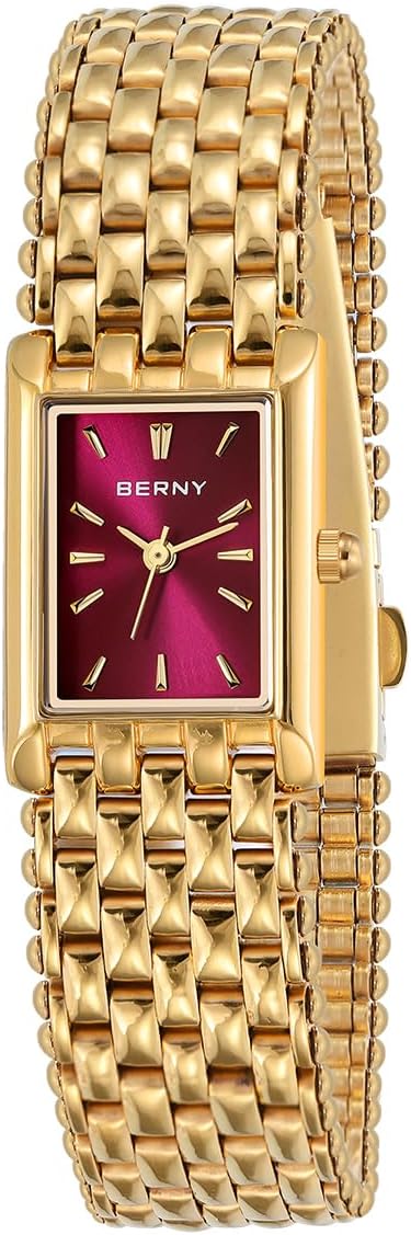 BERNY Dainty Gold Watch for Women, Rectangular Women's Wrist Watch, Small Fashion Ladies Bracelet - All Stainless Steel, Waterproof, Sun-ray Dial, Luxury Birthday Present