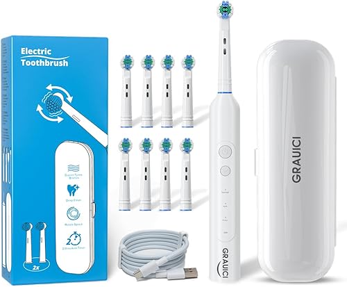 Deep Clean - Cepillo de dientes eléctrico recargable con 8 cabezales de cepillo, sensor de presión para proteger las encías (blanco)