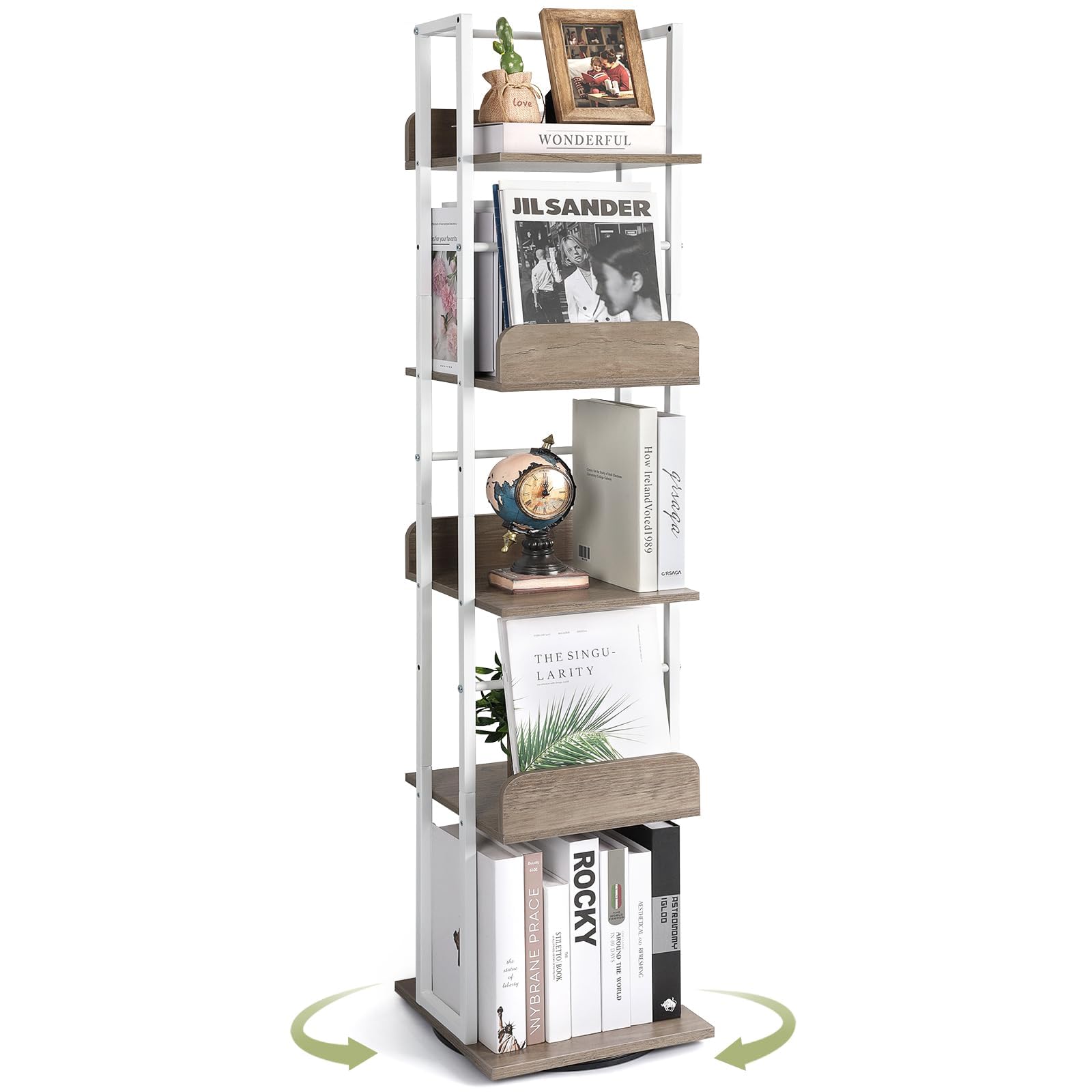Bikoney Bookshelves 5-Tier, Rotating Bookshelf Tower for Corner, Small Narrow Bookcase, Tall Industrial Bookshelf, Wood and Metal White