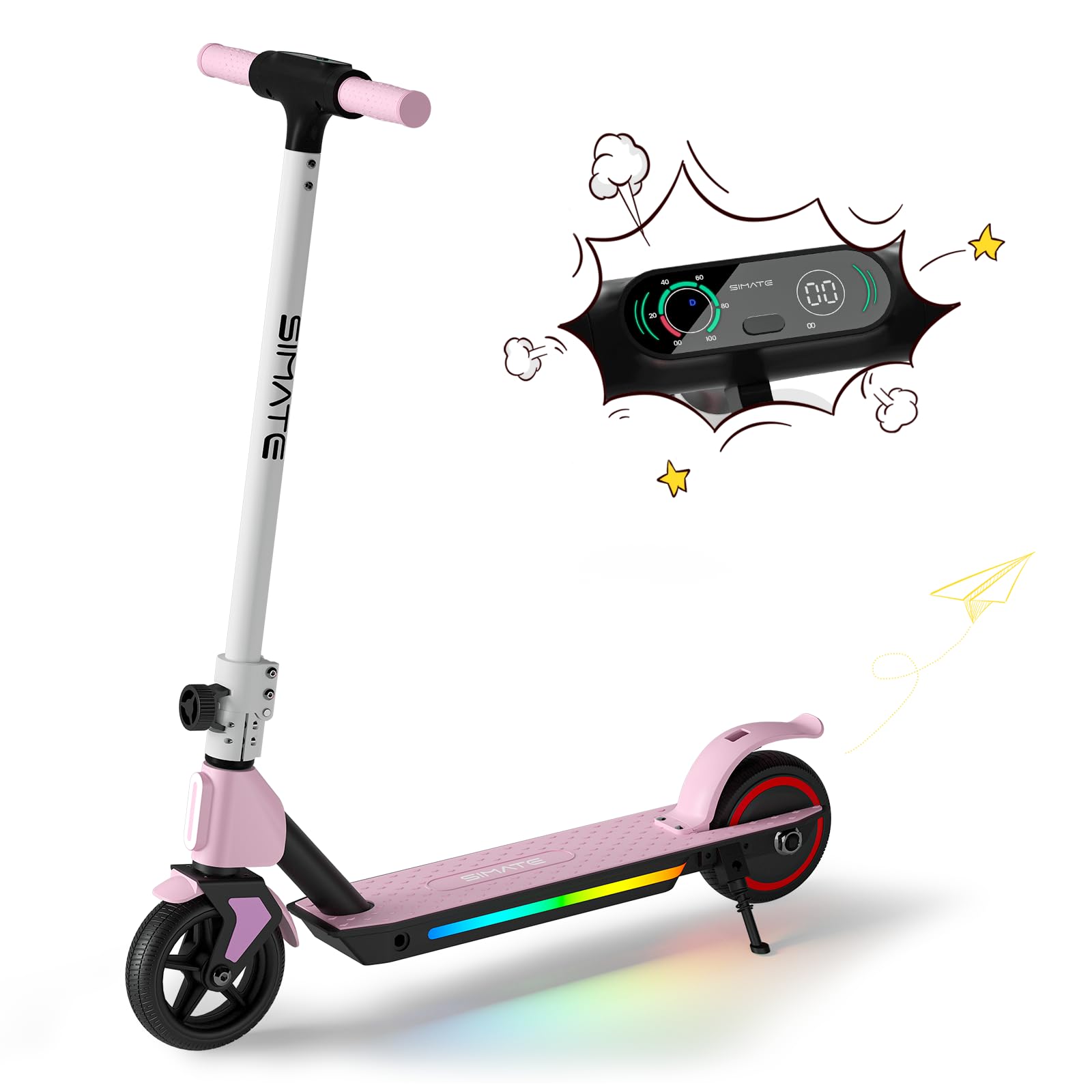 SIMATE Electric Scooter for Kids 6-14 e Kick Scooter with LED Display and Colorful Lights Adjustable Height and