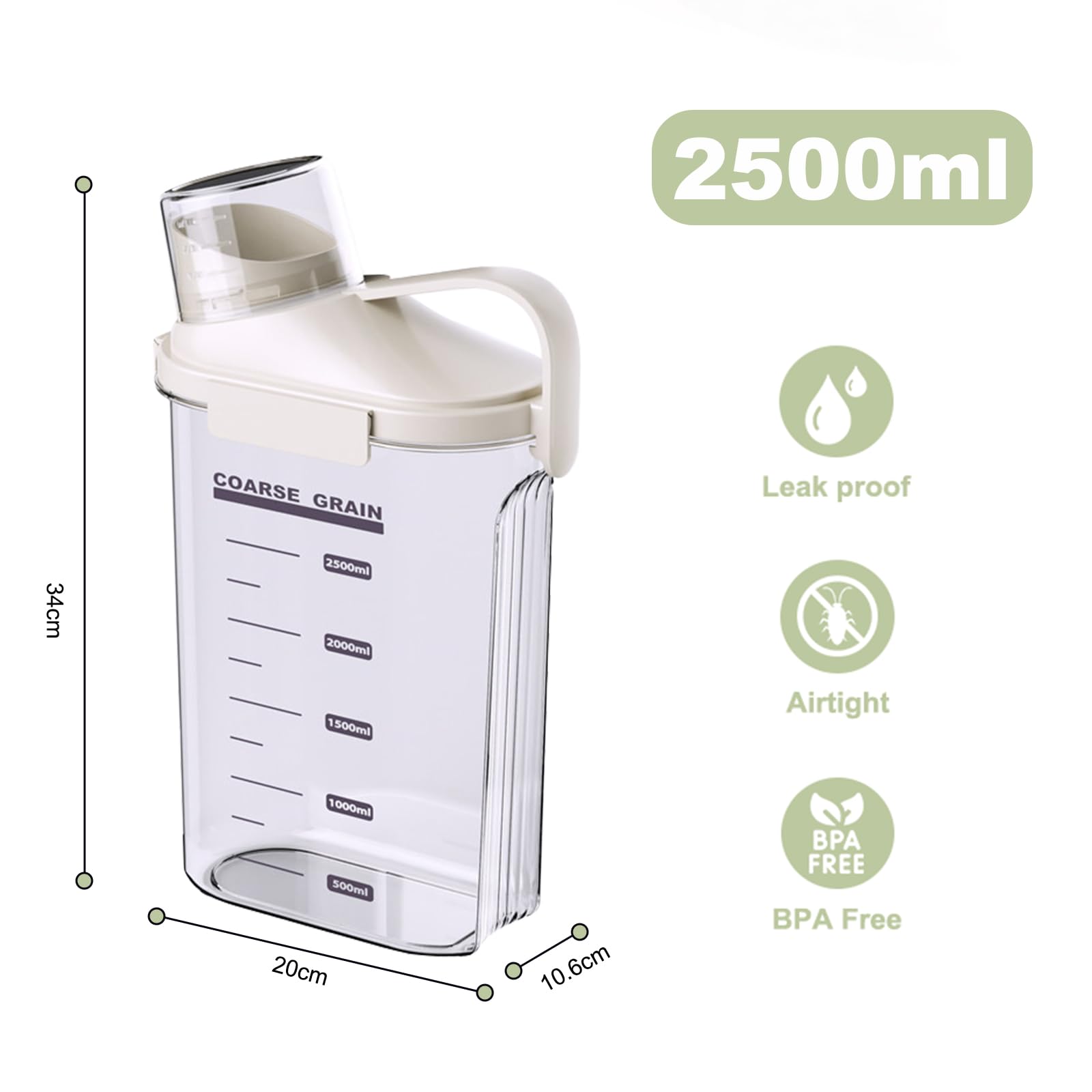 LANGMINGDE Lot de 3 boîtes de rangement hermétiques pour aliments secs (2,8 l, 2,8 l, 2,7 l) avec tasse à mesurer et marqueur, sans BPA, 2 blancs + 1 marron