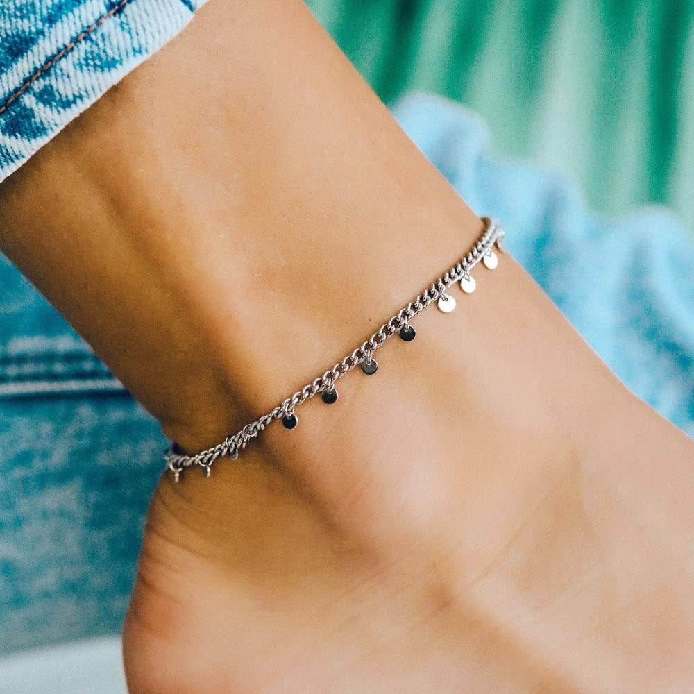 Pura Vida Silver Mini Coin Anklet - Adjustable Band, Rhodium Plating, Brass Base - Brand Charm