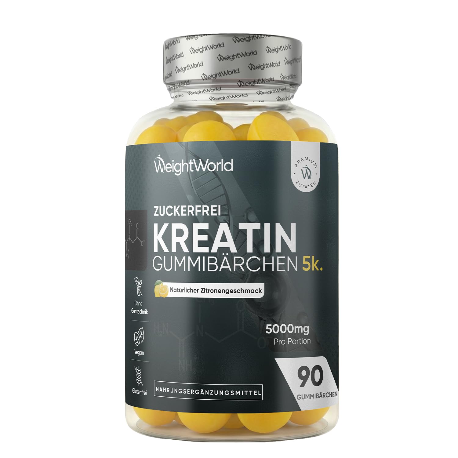 Creatin Monohydrat Gummibärchen - 5000 mg Kreatine pro Portion - 90 Gummibärchen Ohne Zucker - Leckere Kreatin Gummies mit Zitronengeschmack - Ohne Gentechnik - Vegane Gummies - WeightWorld