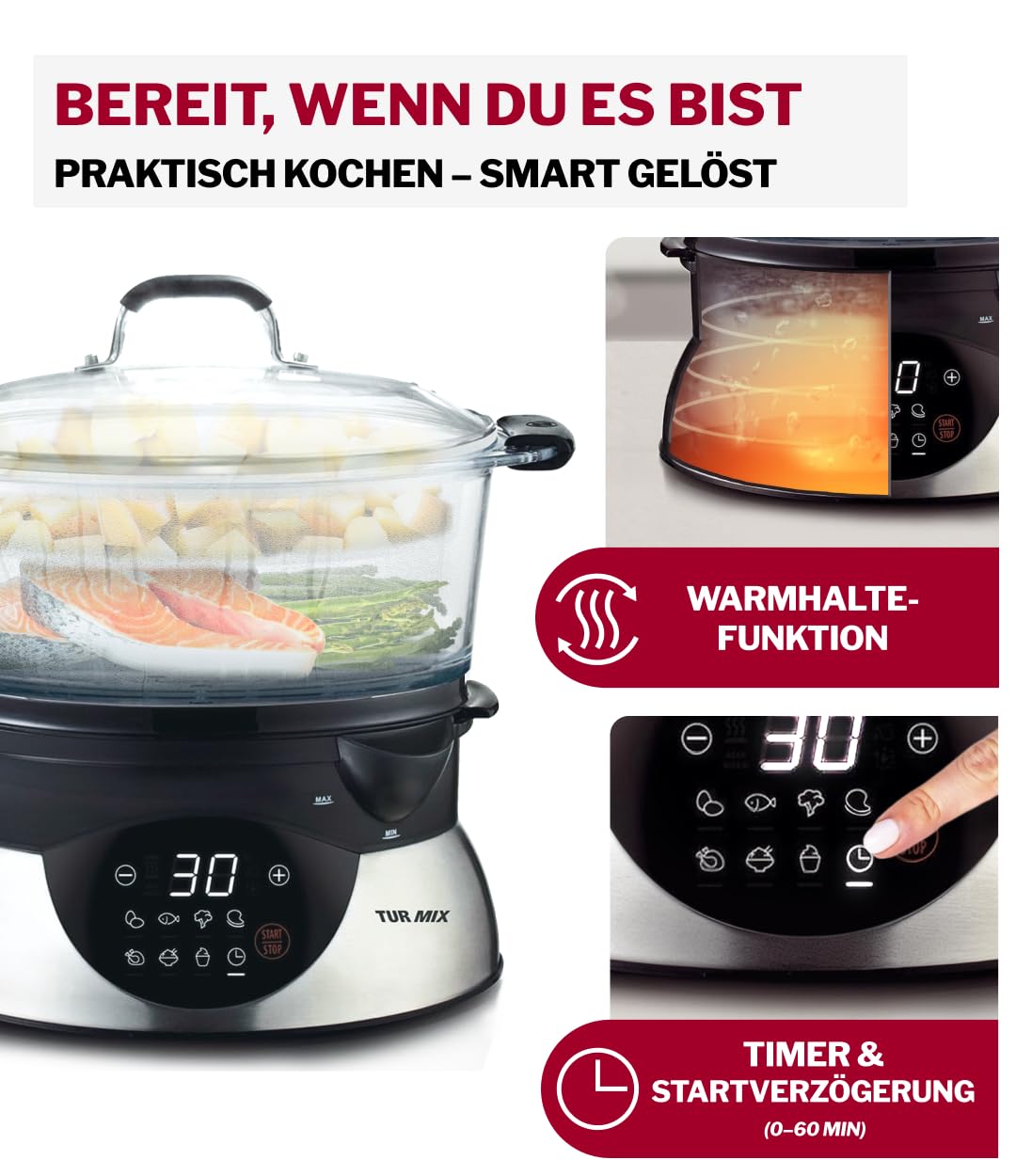 Turmix Steamer CX 220 Dampfgarer 5,2 L Glasbehälter Digitaldisplay Touch-Bedienung 900 W
