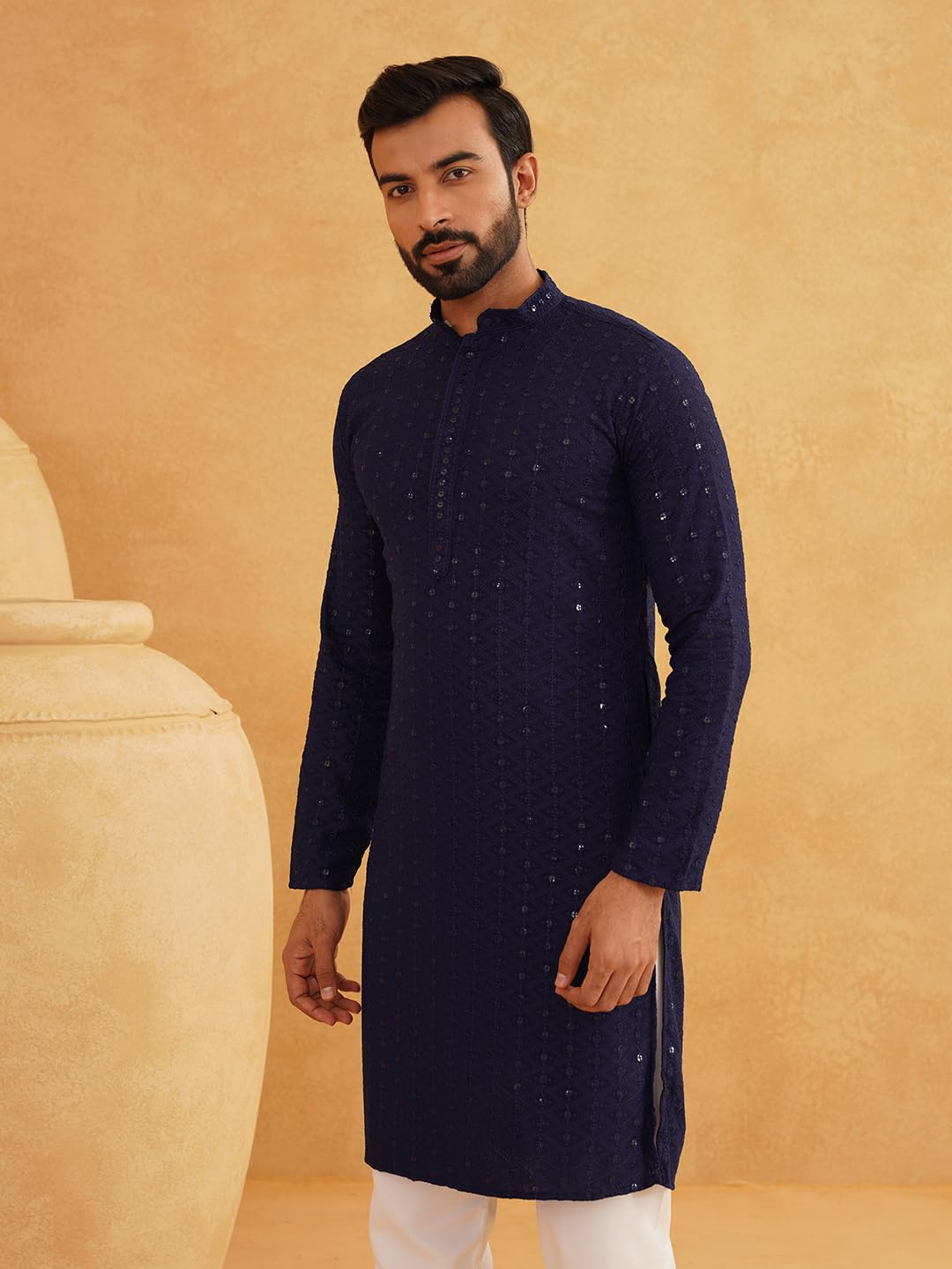 Sojanya (Since 1958 Men's Ethnic Motifs Embroidered Sequinned Navy Blue Cotton Long Kurta