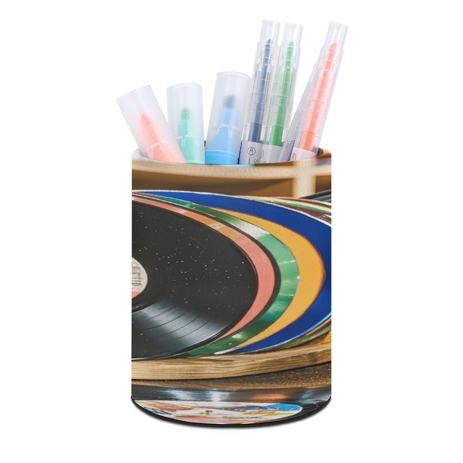 Pot à crayons pour bureau au design de vinyle rétro chic noir