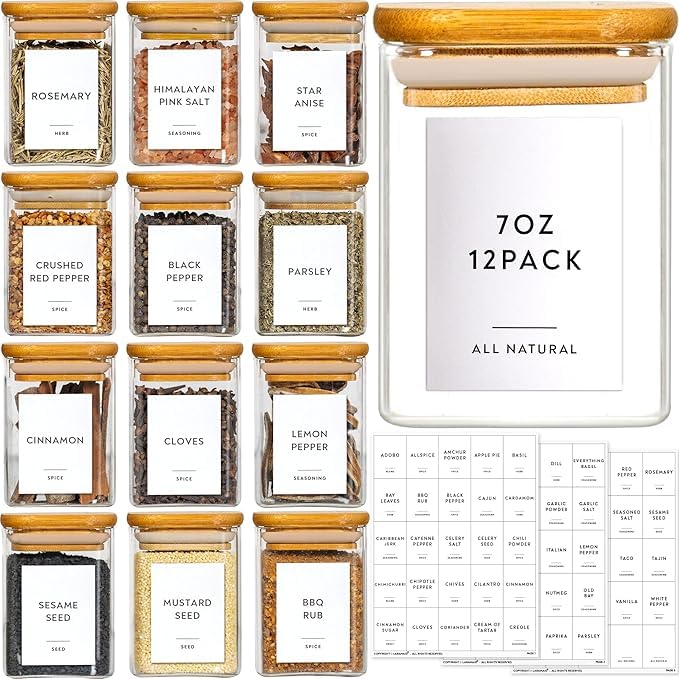 Image of Spice Jars with Airtight Bamboo Lid | 220 ml Glass Spice Bottles, Seasoning Containers for Salt, Sugar, Coffee Beans | Set of 12 square Jars with Wooden Lids | with spice masala lables