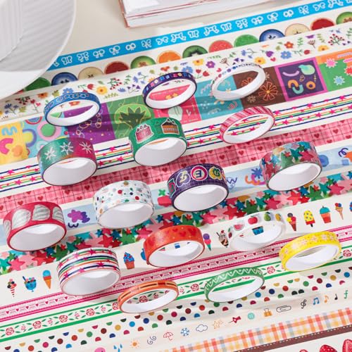 Image of 32 Rolls Washi Tape Set, Multicolored Cute Graffiti Painting Decorative Tapes, Scrapbooking and Journal Supplies, Junk Journaling Scrapbook Supplies, DIY Craft Projects Materials for Girls and Women