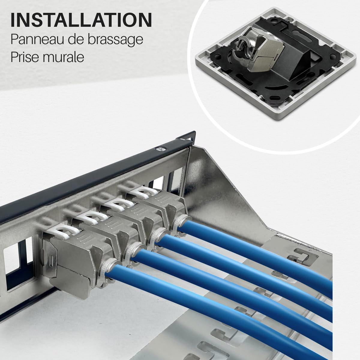Waytex Lot de 8 Embases Keystone RJ45 Cat6a FTP sans outil – Connecteurs blindés métal zinc nickelé –10 Gbps 500MHz – Blindé FTP – Repérage T568 A/B AWG22 – 26 avec serre-câble