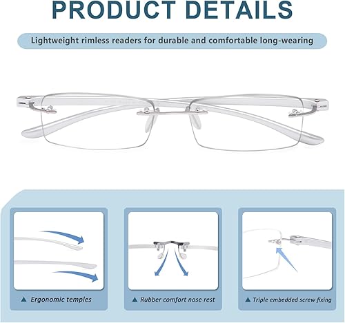 Miniatura 5 de Lentes de lectura sin montura para lectores pequeños hombres y mujeres (plata)